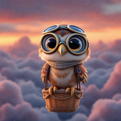 The primary subject of the image is a small, cute, and colorful owl sitting in a basket. The owl is wearing goggles and has a scarf around its neck. The setting is a cloudy sky, which serves as the backdrop for the scene. The visual style of the image is a digital art or illustration, creating a whimsical and playful atmosphere. The colors used in the image are predominantly shades of brown, white, and gray, which contribute to the overall warm